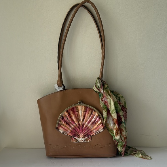 Patiricia Nash Zorita Tooled Seashell Tan Leather Shoulder Bag Scarf Naturale - Picture 9 of 15